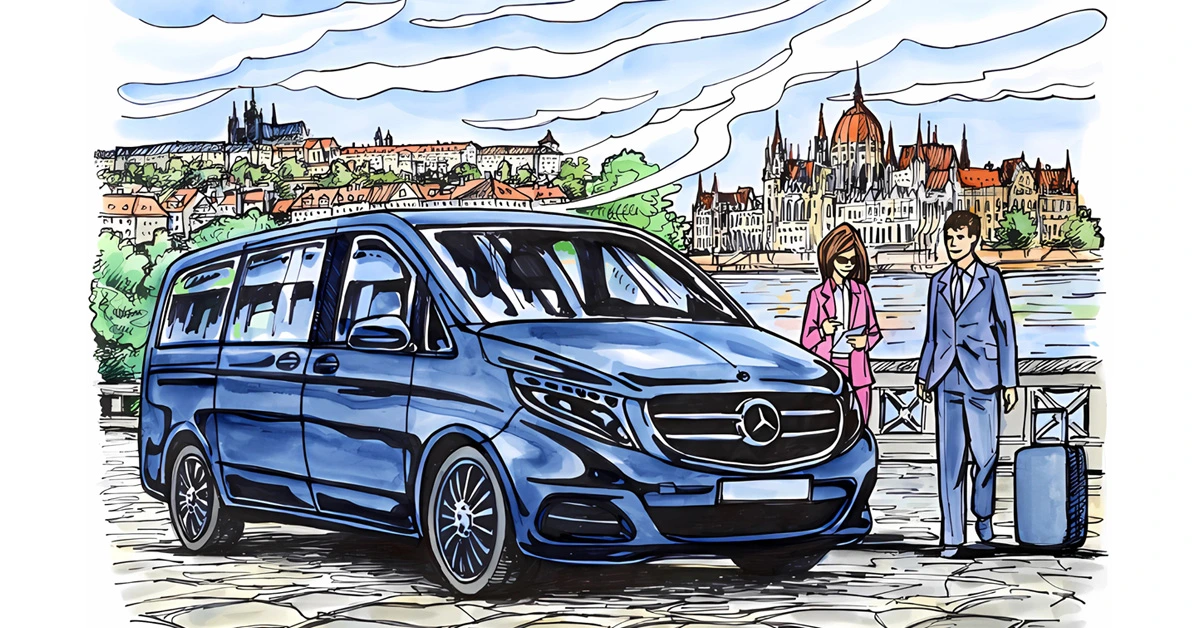 Luxury Mercedes-Benz taxi parked in front of Vienna airport, ready for transfer to Bratislava, Budapest or Prague